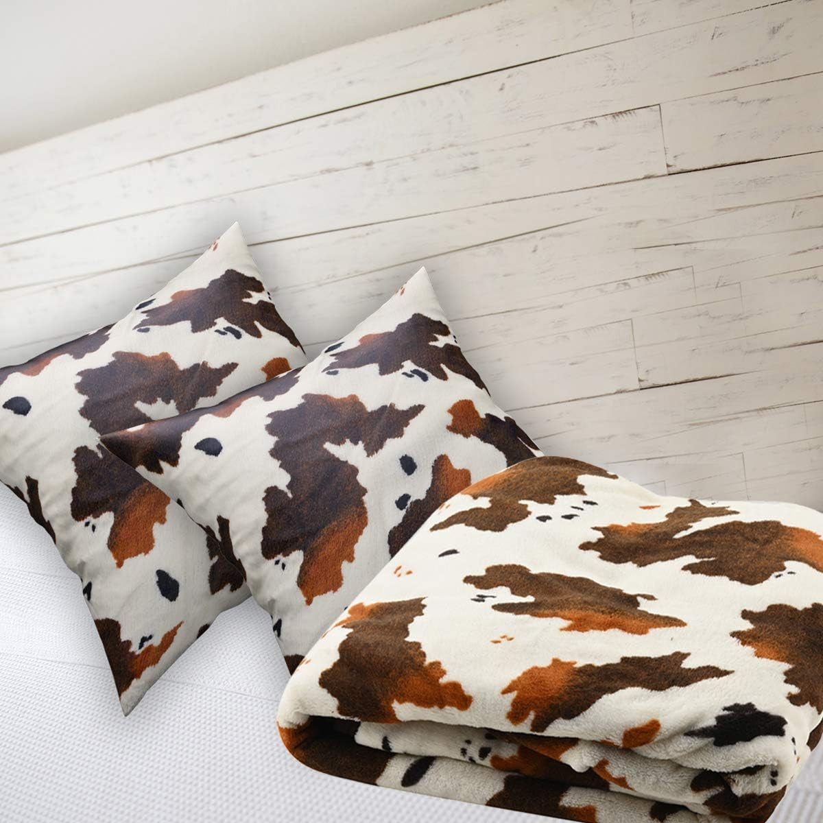 Brown Cow Print Fleece Blanket Set with 2 Cushion Covers for Couch - Soft & Fluffy Cow Print Throw Blanket Bundle for Cozy Home Decor