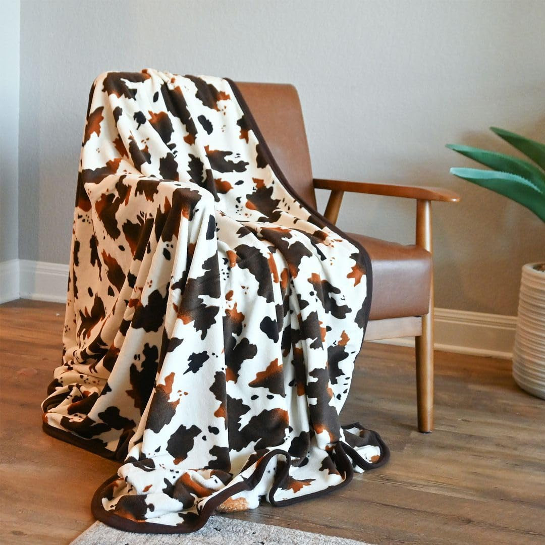 Brown Cow Print Fleece Blanket Set with 2 Cushion Covers for Couch - Soft & Fluffy Cow Print Throw Blanket Bundle for Cozy Home Decor