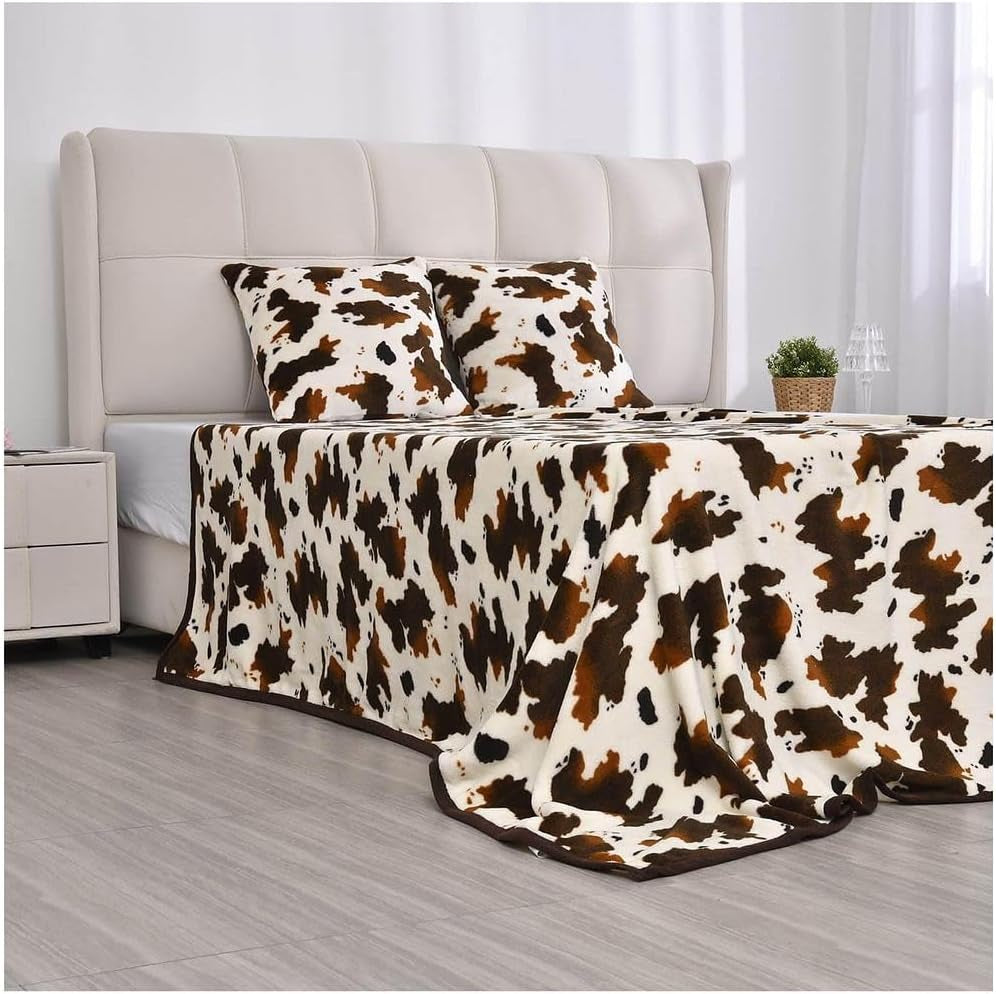 Brown Cow Print Fleece Blanket Set with 2 Cushion Covers for Couch - Soft & Fluffy Cow Print Throw Blanket Bundle for Cozy Home Decor