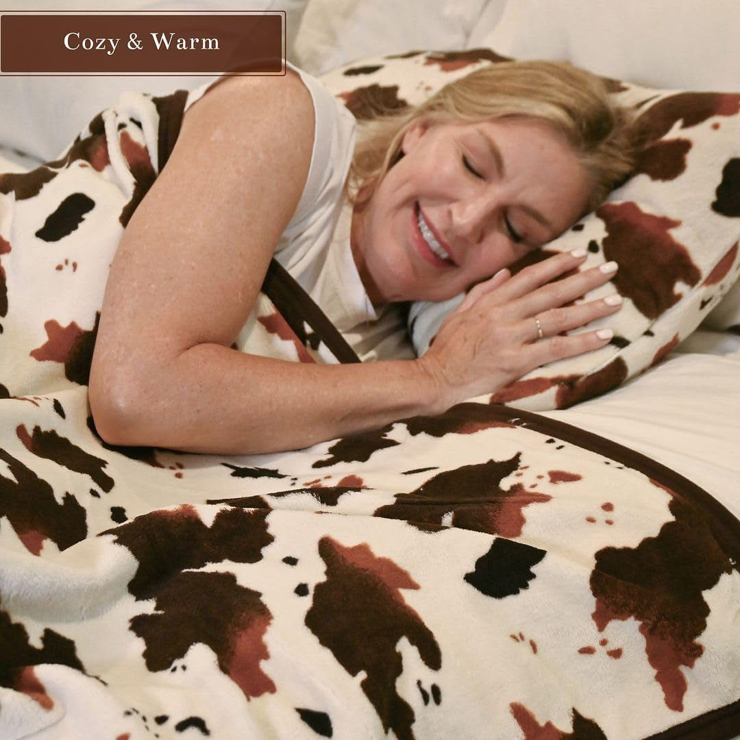 Brown Cow Print Fleece Blanket Set with 2 Cushion Covers for Couch - Soft & Fluffy Cow Print Throw Blanket Bundle for Cozy Home Decor