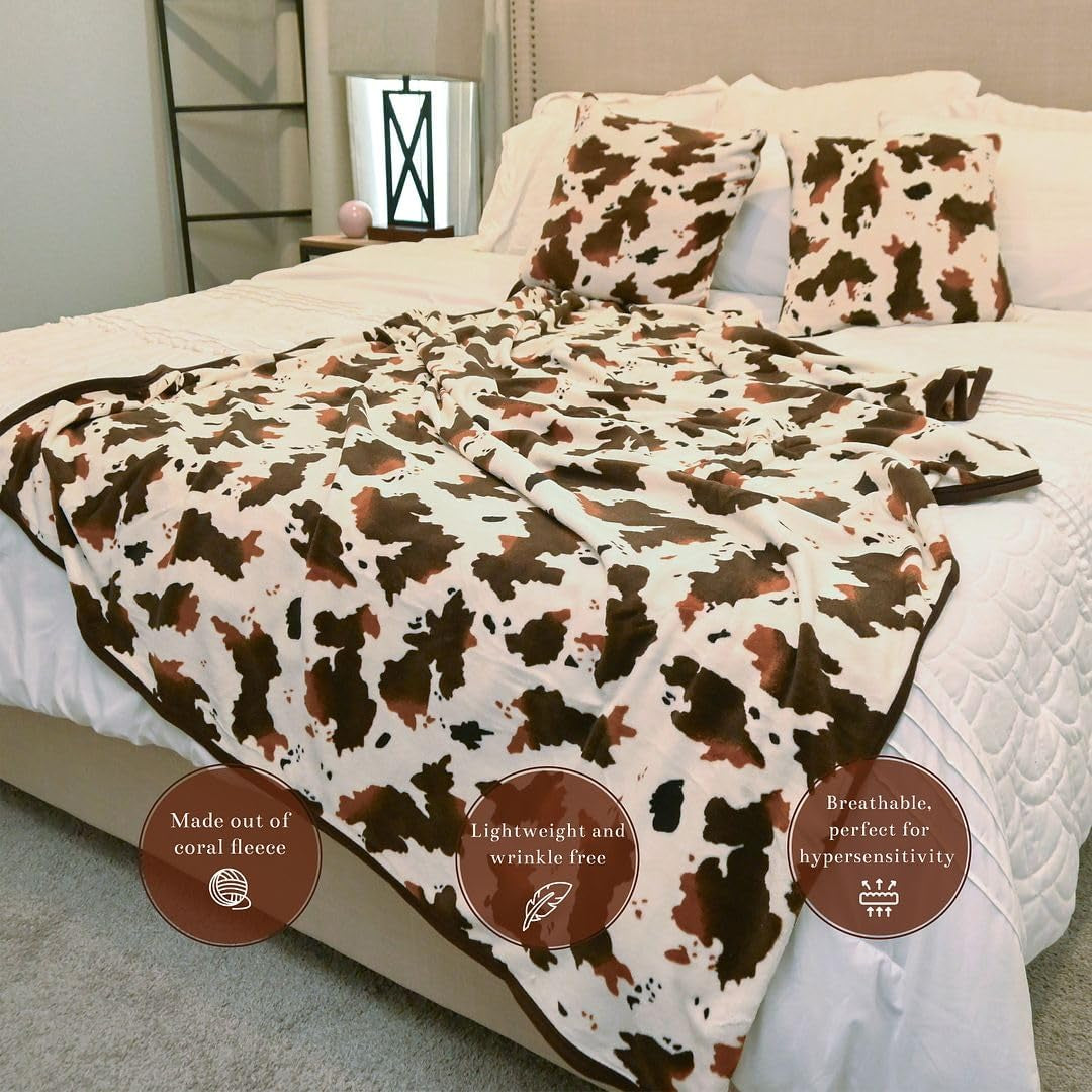 Brown Cow Print Fleece Blanket Set with 2 Cushion Covers for Couch - Soft & Fluffy Cow Print Throw Blanket Bundle for Cozy Home Decor