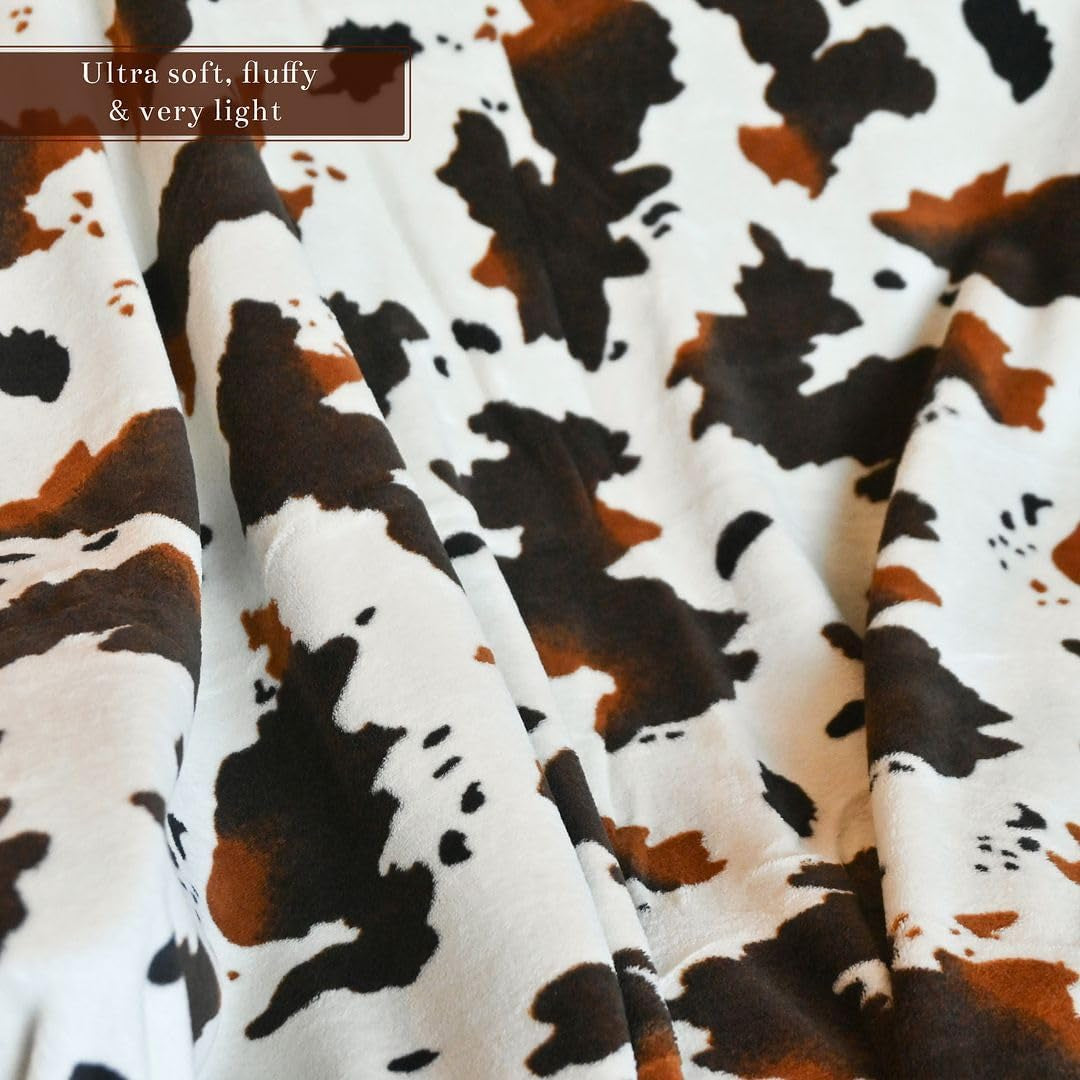 Brown Cow Print Fleece Blanket Set with 2 Cushion Covers for Couch - Soft & Fluffy Cow Print Throw Blanket Bundle for Cozy Home Decor